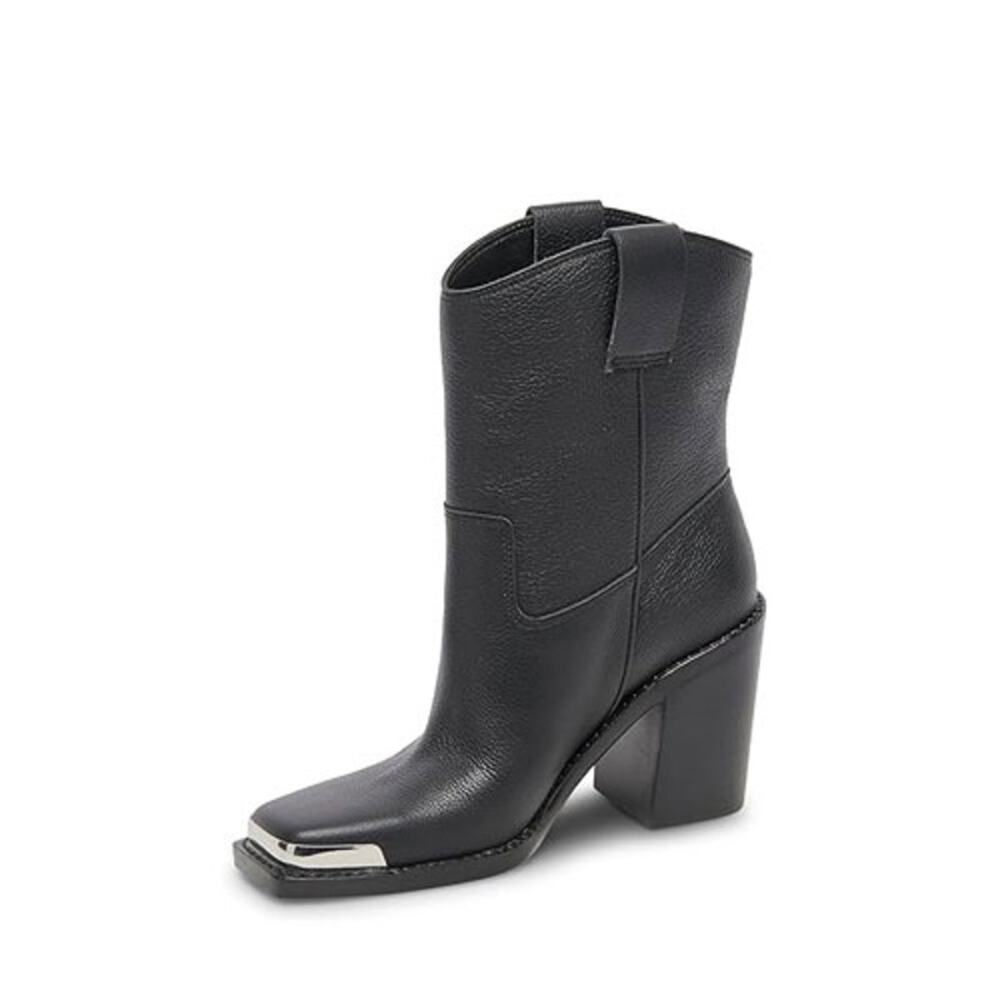Dolce Vita Black Leather Western-Cut Ankle Boots with Silver Toe Cap